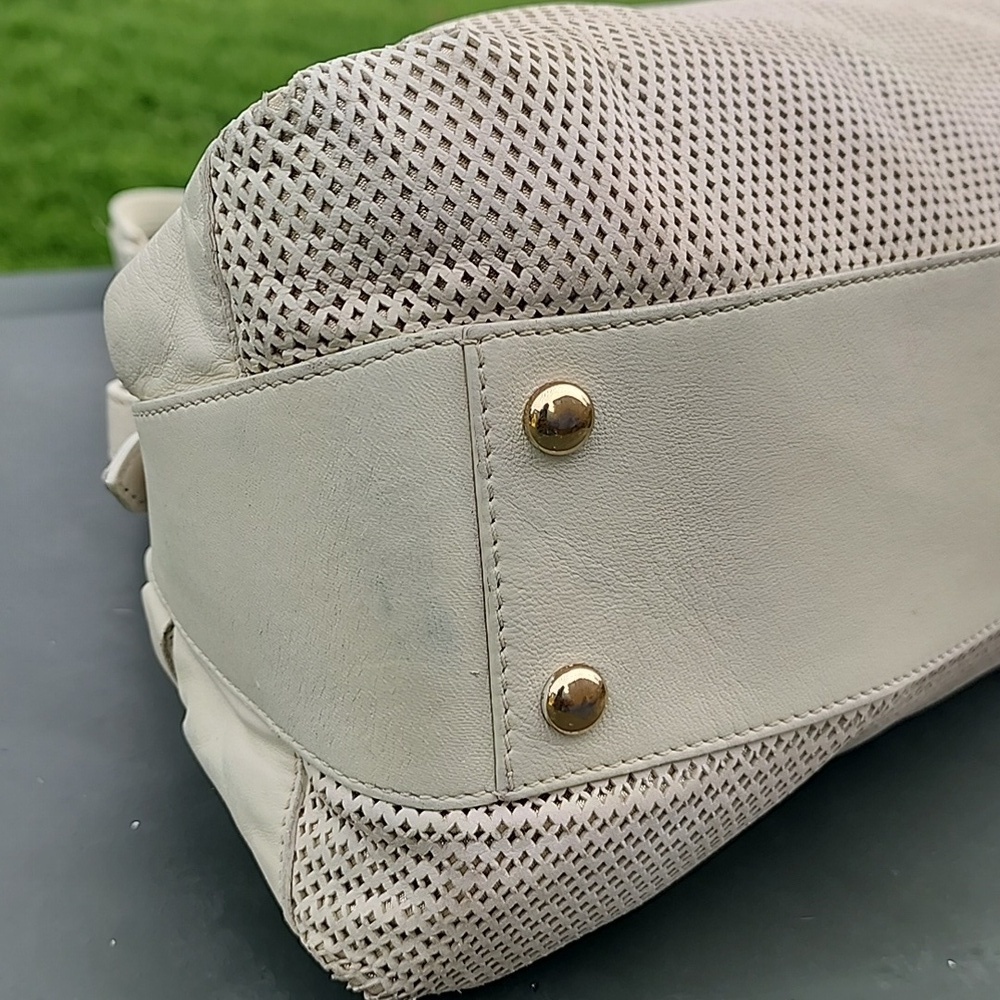 Versace Perforated Beige and Gold Leather Dome Shaped Satchel - Picture 9 of 14